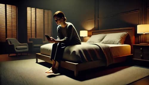Lonely girl with a phone in the bedroom