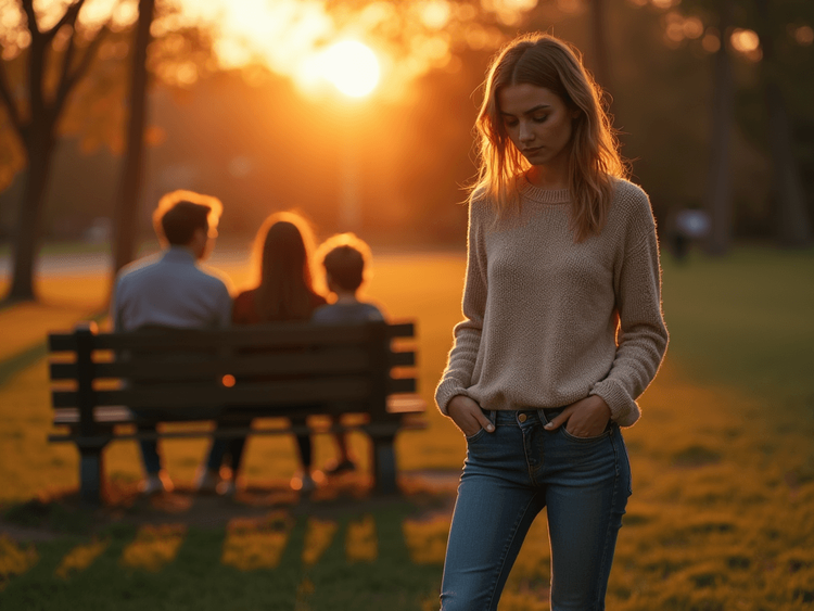 Lonely girl in the park with a family in the background